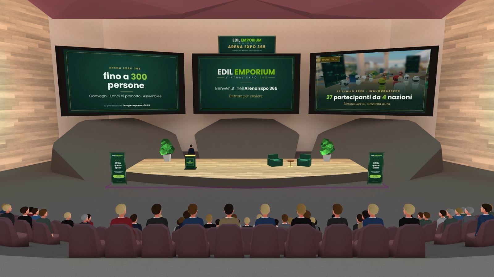 L'Arena Expo 365 con il palco, i tre maxi-schermi e il pubblico seduto in platea