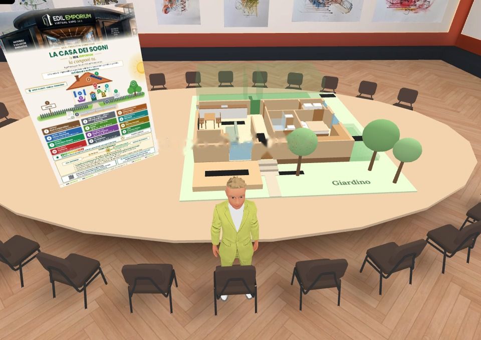 Il plastico 3D della Casa dei Sogni nella Sala Meeting, con il flyer del progetto