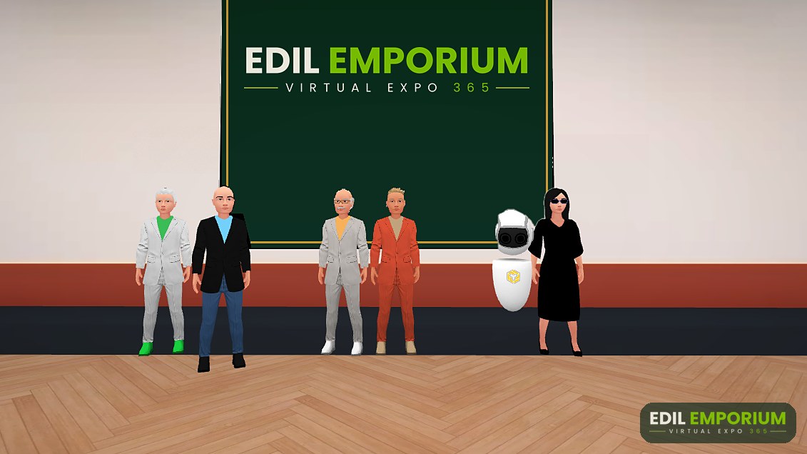 Alleati e ospiti davanti al pannello con il logo Edil Emporium