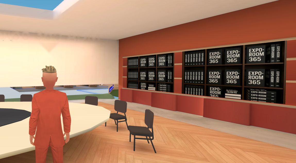 La Meeting Room con il grande tavolo e la libreria Expo-Room 365