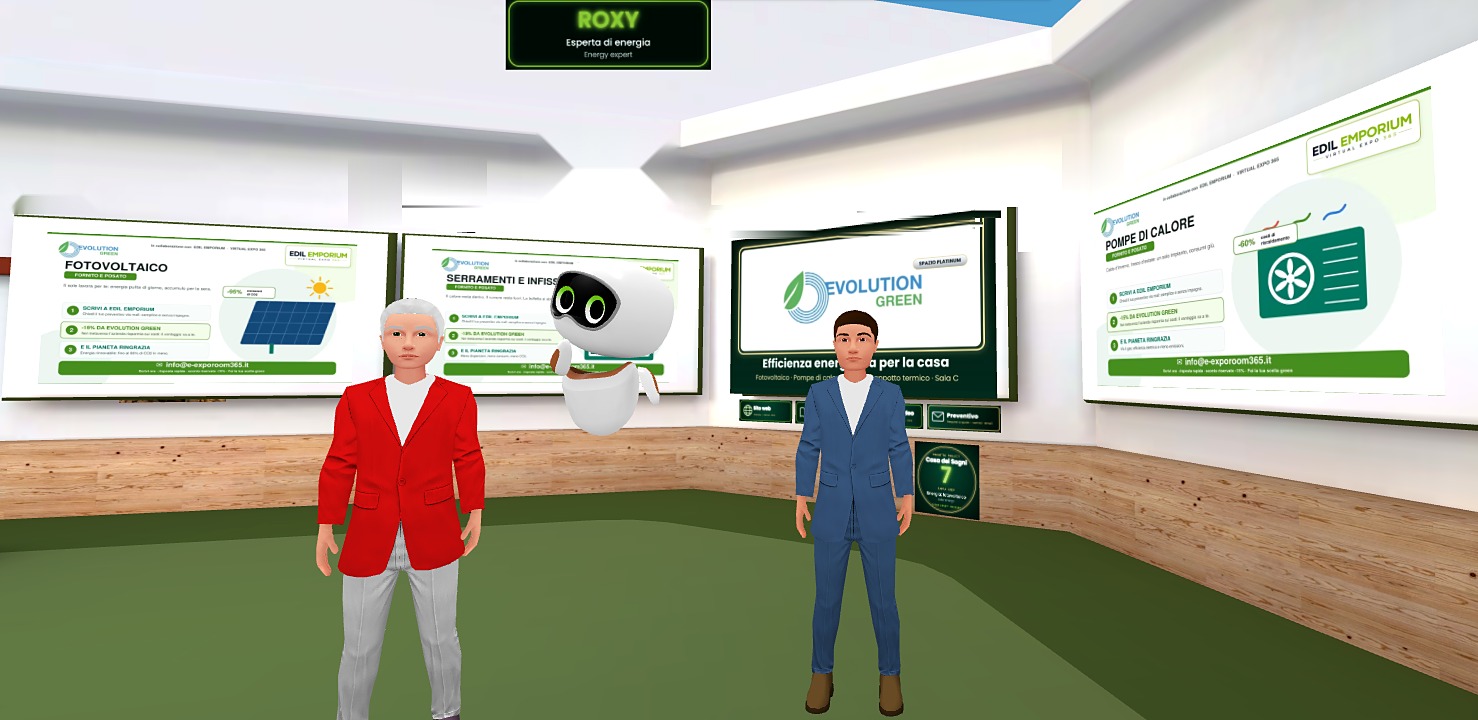Roxy AI, l'assistente degli spazi Platinum, con due avatar nello stand Evolution Green