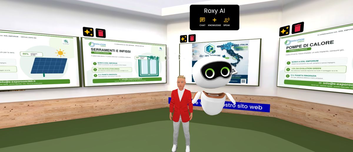 Roxy, l'assistente AI, davanti ai pannelli di Evolution Green