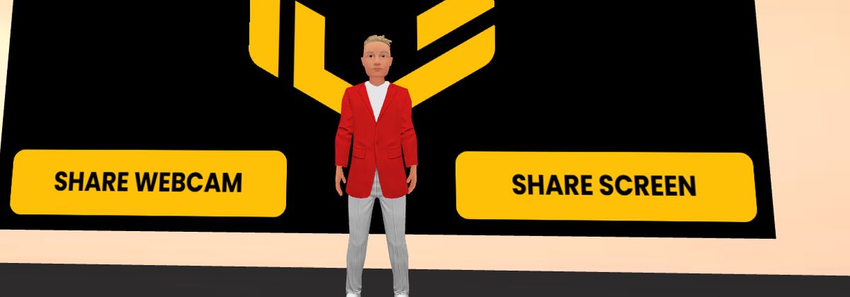 Il maxi-schermo della Meeting Room con i pulsanti Share webcam e Share screen